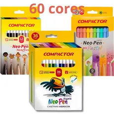 Kit 60 Canetinhas Hidrográficas-36 básicas+12Tom Pastel+12Tons Pele Neo Pen Gigante 2mm