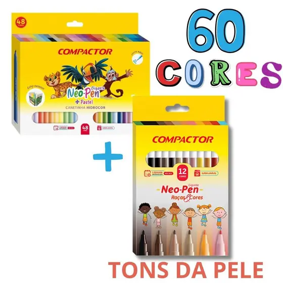 Kit 60 Canetinhas coloridas Original compactor Hidrográficas 2mm 48 cores +12 Tons da Pele