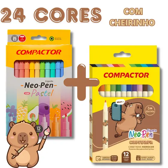 KIT 24 Canetinhas CAPIVARA COM CHEIRINHO 12 Cores Vivas + 12 Tom Pastel Compactor NeoPen