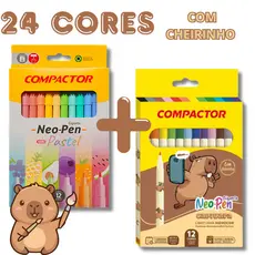 KIT 24 Canetinhas CAPIVARA COM CHEIRINHO 12 Cores Vivas + 12 Tom Pastel Compactor NeoPen