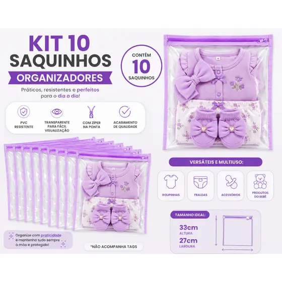 Kit 10 Saquinhos Maternidade Multiuso Organizador Nécessaire Envelope Com Zíper