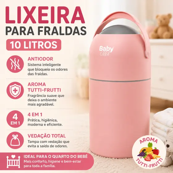 Lixeira para Fraldas Baby Mel 10L Antiodor 4 em 1 Aroma Tutti-Frutti Quarto de Bebê