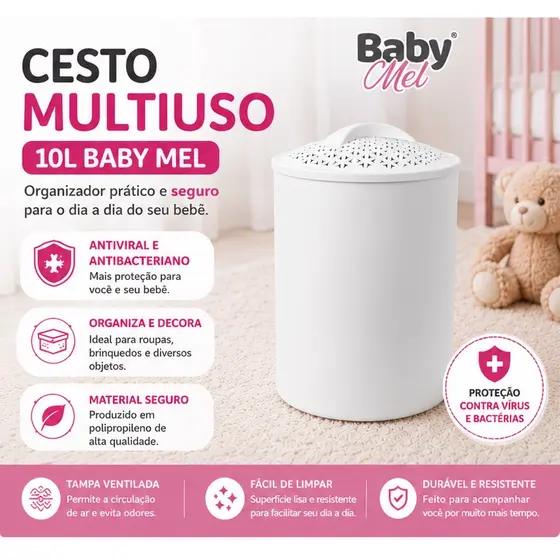 Cesto Multiuso 10L Branco Antibacteriano Antiviral - Organizador Roupa Bebê Proteção 99,9% Baby Mel
