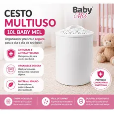 Cesto Multiuso 10L Branco Antibacteriano Antiviral - Organizador Roupa Bebê Proteção 99,9% Baby Mel