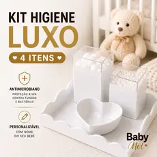 Kit Higiene Bebê Luxo 4 Peças Personalizável Com Nome + Bandeja Antimicrobiano Acrílico Premium BabyMel
