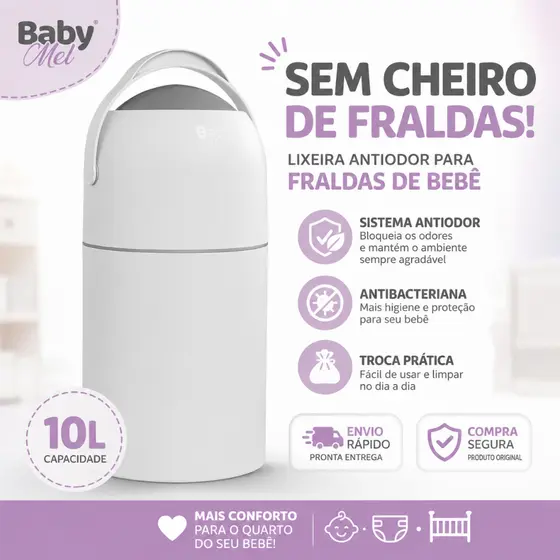 Lixeira Para Fraldas Bebê 10L Antiodor Baby Mel Até 20 Fraldas Sem Cheiro Quarto Infantil