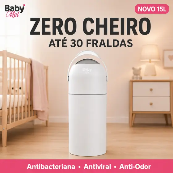 Lixeira Fraldas Bebê 15L BabyMel Zero Cheiro Antiodor Antibacteriana Antiviral Tamanho Família Até 30 Fraldas