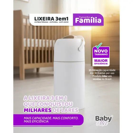 Lixeira Mágica 15L Antiodor Banheiro, Quarto Bebê e Pet - Antiviral Original - BabyMel