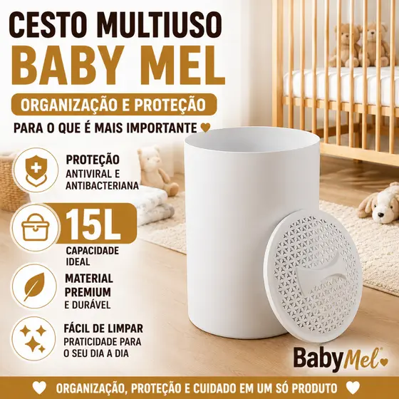 Cesto Multiuso 15L Baby Mel Antiviral Antibacteriano Organizador Roupa Bebe Infantil Protecao Virus Bacterias Envio 24hs