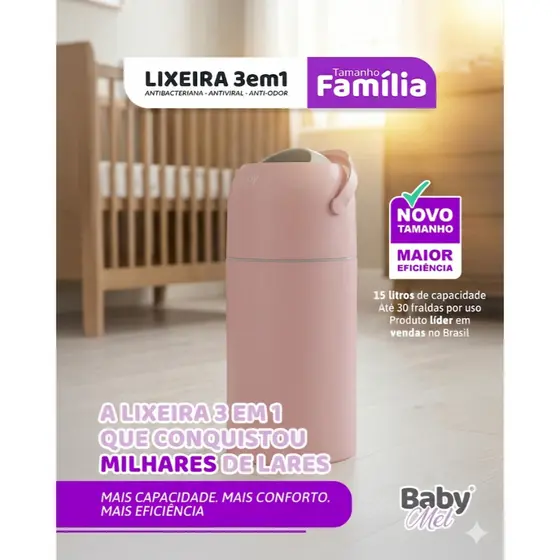 Lixeira Mágica Rosa 15L - Tecnologia Antiviral e Zero Cheiro no Quarto BabyMel