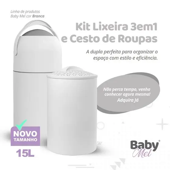 Kit Higiene Bebe Lixeira 15L Antiodor Cesto Roupa Antiviral Baby Mel Grande Enxoval Quarto Infantil Protecao Total