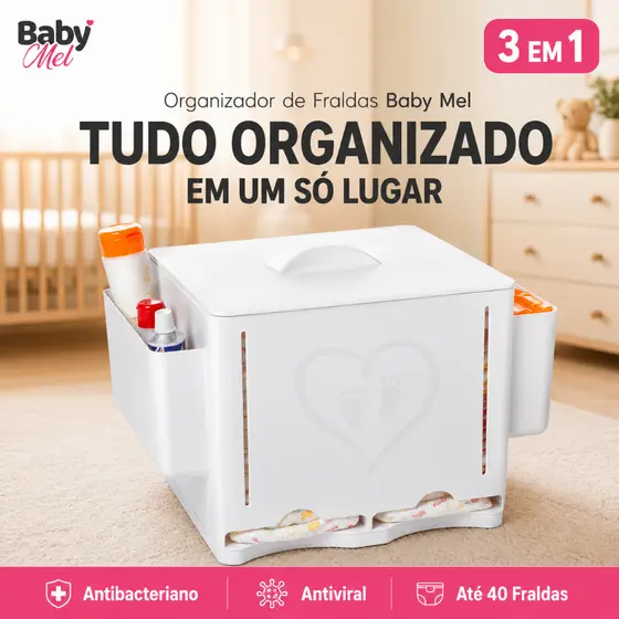 Organizador Porta Fralda e Lenço Umedecido 3em1 Baby Mel Antibacteriano Antiviral Até 40 Fraldas Quarto Bebê