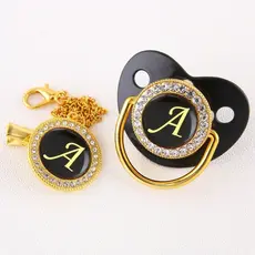 Luxo Black Bling Baby Pacifier And Clip Infant Gold Original 26 Nome Inicial Ducha De Presente