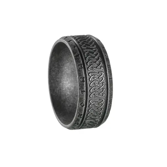 Anel Masculino de Aço Titânio com Runas Viking – Estilo Vintage e Prata Antiga