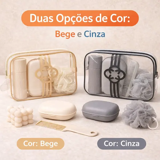 KIT VIAGEM NECESSAIRE DE PLASTICO 21CM CONTENDO ESPONJA PENTE PORTA SABONETE E PORTAESCOVAS