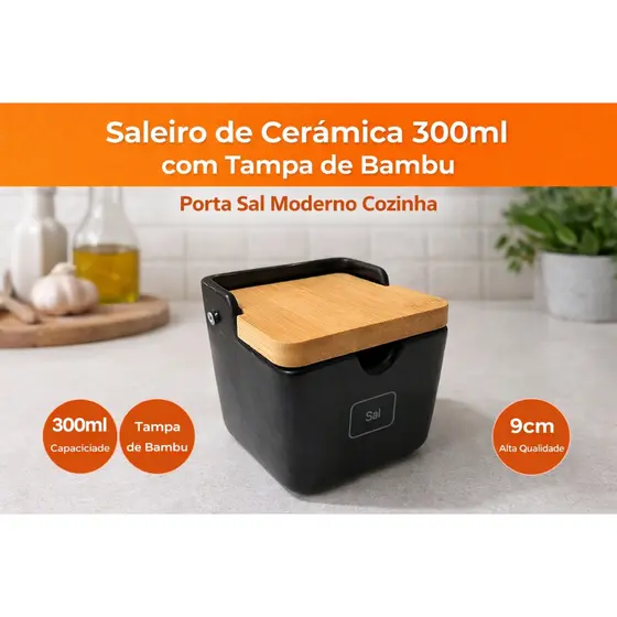 Saleiro Preto Cerâmica 300ml com Tampa de Madeira/Bambu 9cm – Porta Sal Cozinha Preto