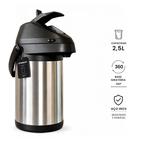 Garrafa Térmica 2,5L Aço Inox Bomba de Pressão Quente Frio Chimarrão Tereré Base Giratória 360°