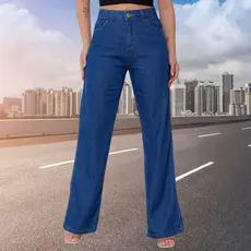 Calça Jeans Feminina Wide Leg com Cintura Alta e Bolsos Funcionais