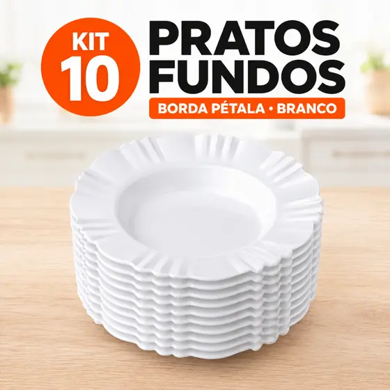 Kit 10 Pratos Fundos Pétala Branco Plástico Redondo Reutilizável Refeição Sopa Festa