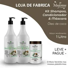 Kit Profissional Maycrene Óleo de Coco 1L | Shampoo 1L+ Condicionador 1L + Máscara 1KG| Hidratação e Brilho