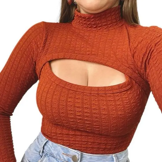 Blusinha Croppe Corsellet Manga Longa Gola Alta Bubble Blusa Com Decote E Recorte - Cores Sortidas