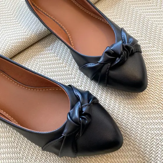 Sapatilha Mocassim Feminina Bico Fino Napa Preto Com Laço