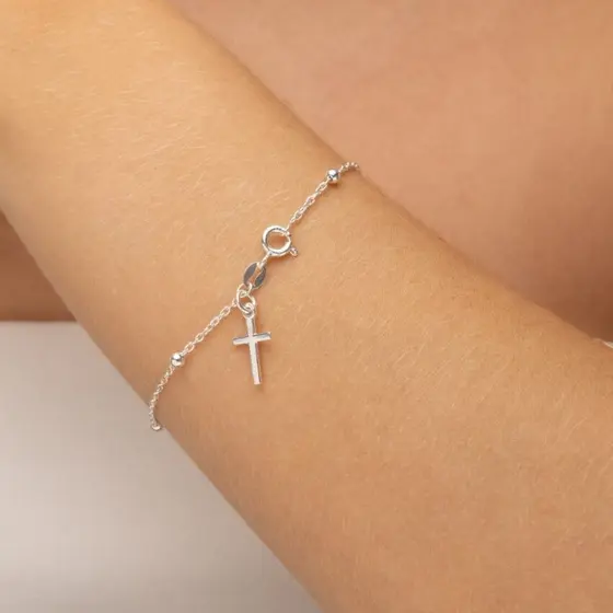 Pulseira Terço Bolinhas Pingente Cruz Prata 925 Unissex Minimalista