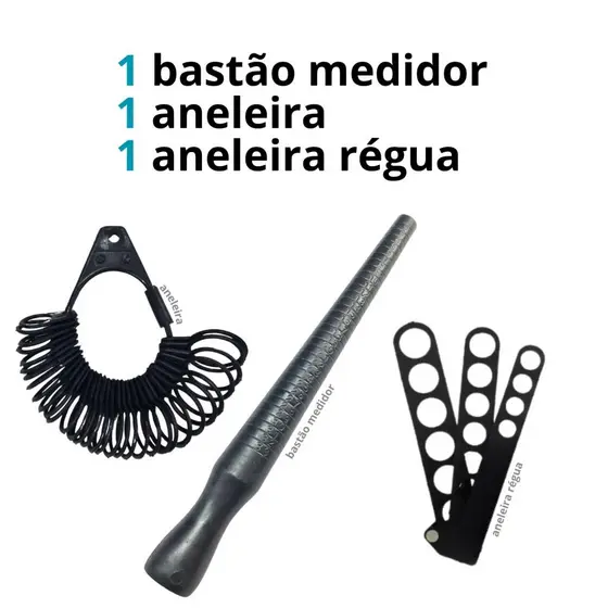 Kit medidores dedos e anéis com aneleira + régua medidora + pau de medida