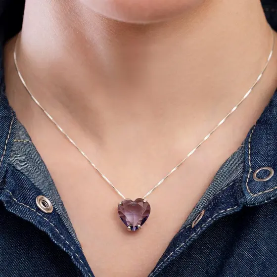 Colar Feminino Romântico Pingente Coração Zircônia Prata 925 Diversas Cores