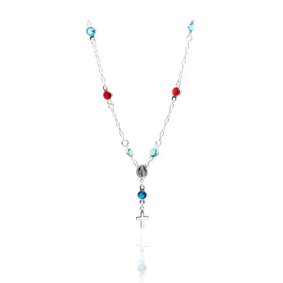Terço Colar Prata 925 Nossa Senhora das Graças Zircônia Cristal ou Colorida