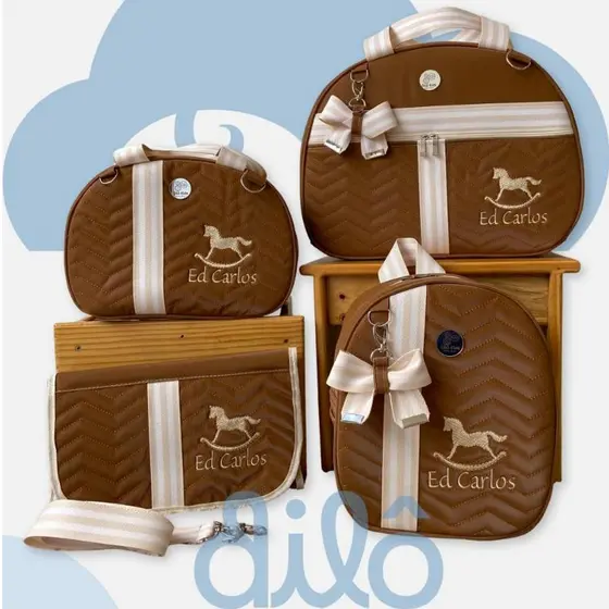 Conjunto de bolsa maternidade para bebê, modelo caramelo cavalinho. Kit personalizado luxo.