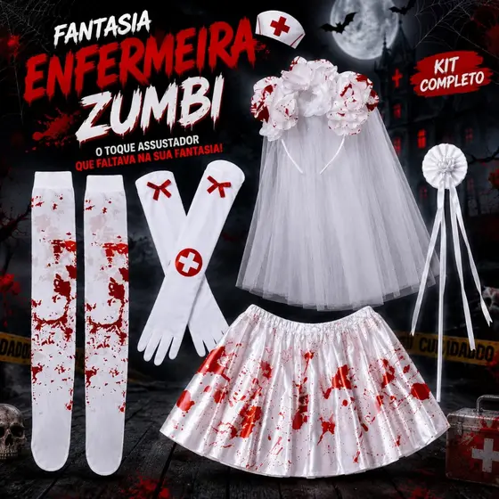 Fantasia Noiva de Sangue Saia Meia Luva Halloween Terror Festa Carnaval Halloween