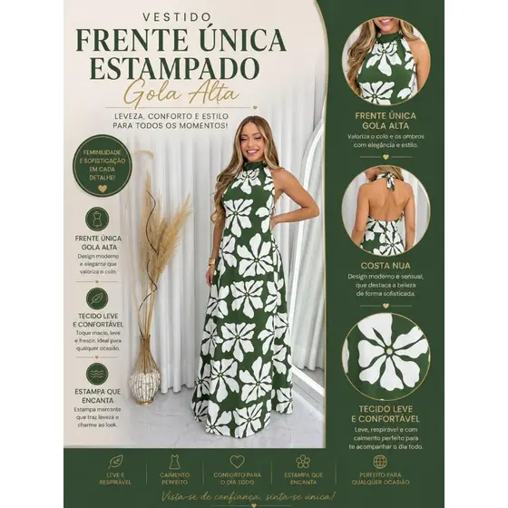 VESTIDO ESTAMPADO GOLA ALTA FRENTE UNICA LONGO