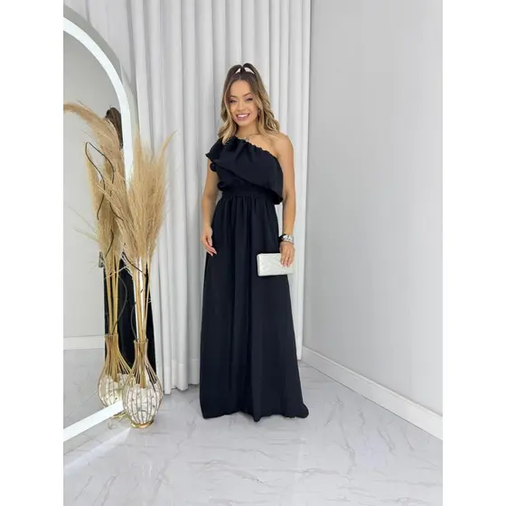 VESTIDO LONGO NULA MANGA BABADO COM CINTO ELEGANTE