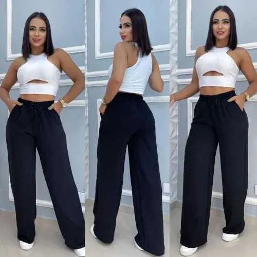 Calça Pantalona Feminina Dunas Elastico Cintura Bolso