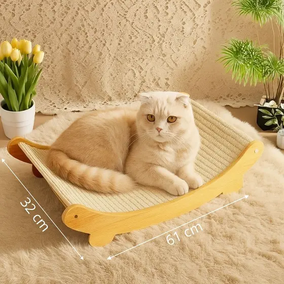 Cama e Arranhador Design Curvo para Gatos Madeira e Sisal Resistente e Durável