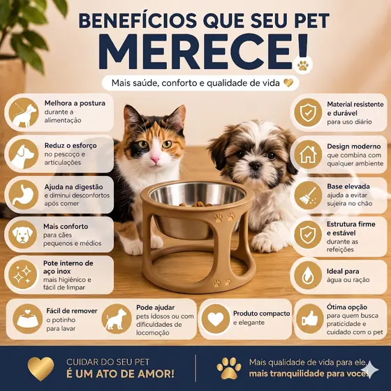 Comedouro Elevado Pet | Inox | Gato Cachorro | Bebedouro | Tigela | Ração Água Antivômito | Premium