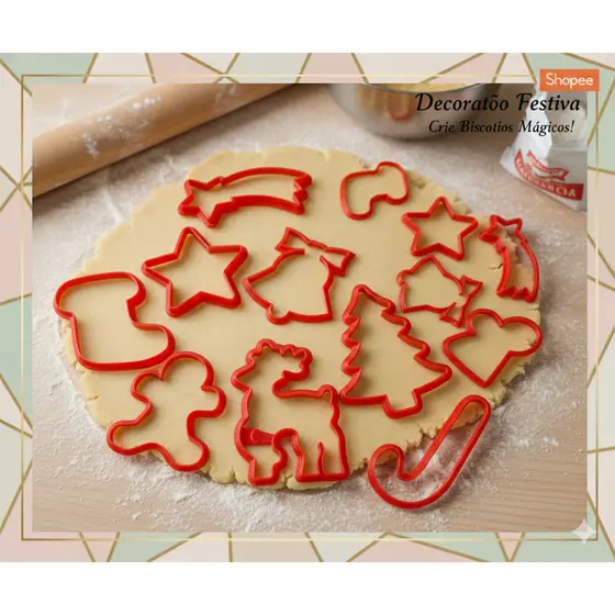 Forminhas de Bolacha ou Biscoito de Natal | Kit 10 Cortadores | Vermelhor e Branco | Pratico | Natal