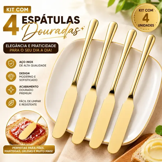 Conjunto 4 espátulas douradas para manteiga patê e geleia aço inox utensílio mesa posta elegante