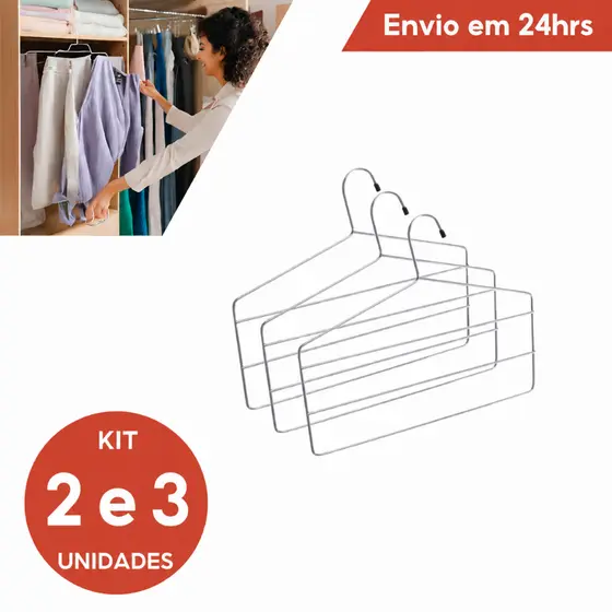 Kit 2/3 Cabides Para Calça Triplo Em Aço Cromado Cabideiro