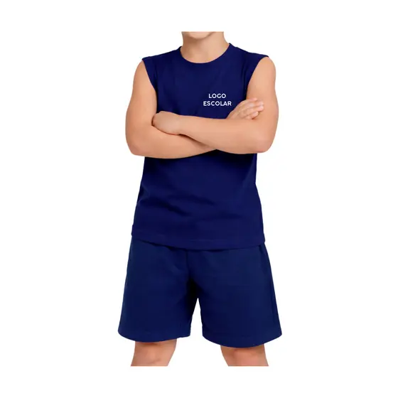Uniforme Escolar Regata Machão Infantil Azul Marinho Com Sua Arte Logo Tamanho do 02 ao 10