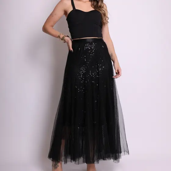 saia tule de moda feminina comprida longa com brinho