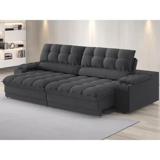 Sofá com Porta Copos e Carregador USB Ret Rec Luke 2,90m Linho Soft Grafite - NETSOFAS