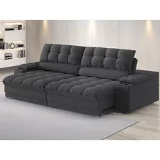Sofá com Porta Copos e Carregador USB Ret Rec Luke 2,90m Linho Soft Grafite - NETSOFAS