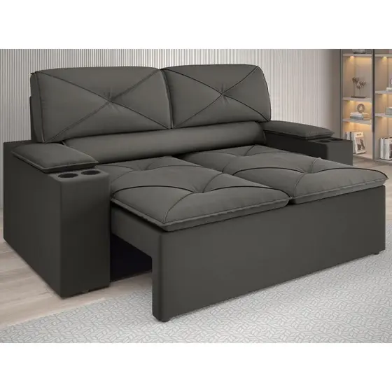 Sofá com Porta Copos Retrátil e Reclinável Pop 1,54m Velosuede Cinza - NETSOFAS