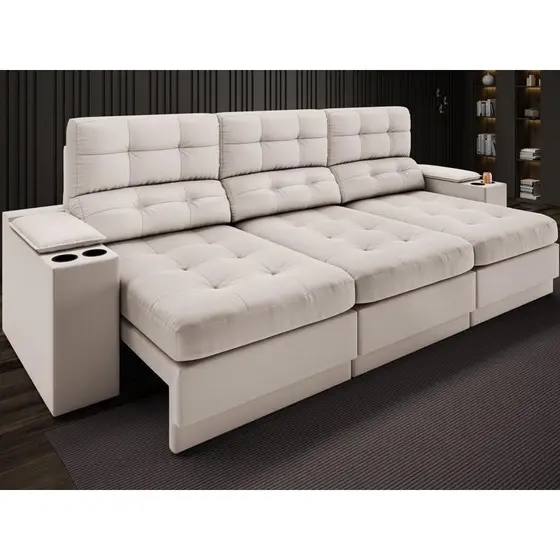 Sofá com Porta Copos e Carregador USB Eureka 2,30m  Assento Retrátil e Reclinável Velosuede Areia - NETSOFAS