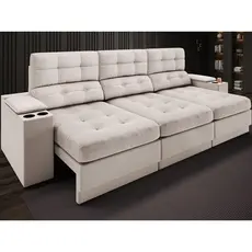 Sofá com Porta Copos e Carregador USB Eureka 2,30m  Assento Retrátil e Reclinável Velosuede Areia - NETSOFAS