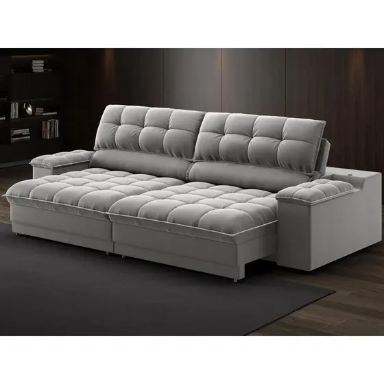 Sofá com Porta Copos e Carregador USB Ret Rec Luke 2,90m Veludocristal Cinza - NETSOFAS