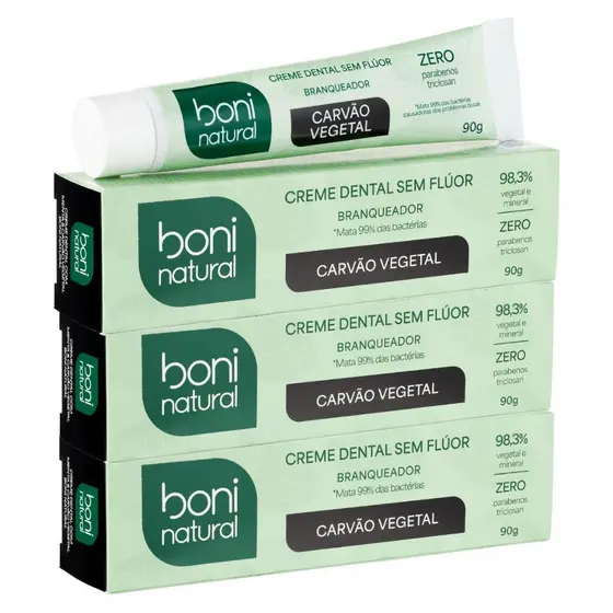 Kit 3 Creme Dental Menta E Carvão Vegetal 90g - Boni Natural