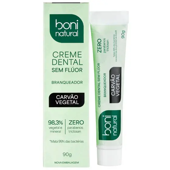 Creme Dental Natural Sem Flúor Carvão Vegetal e Menta 90g - Boni Natural